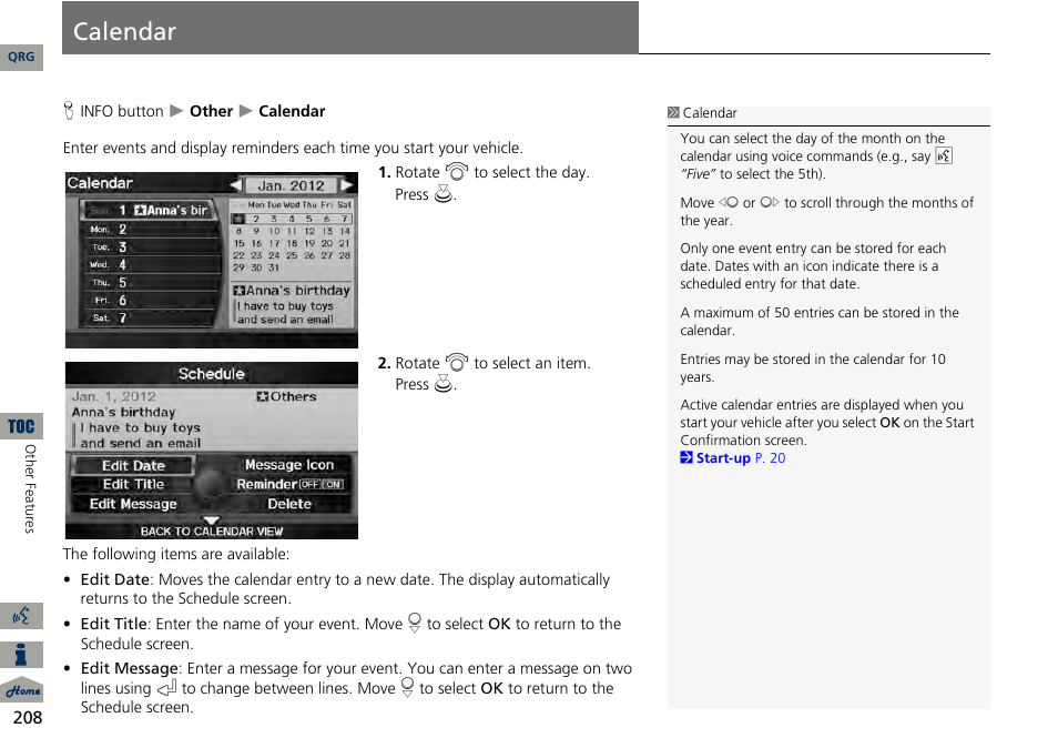 Calendar, 2 calendar p. 208 | Acura 2014 RDX Navigation User Manual | Page 209 / 260