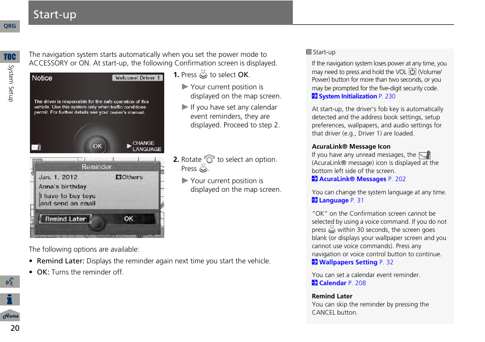 Start-up | Acura 2014 RDX Navigation User Manual | Page 21 / 260