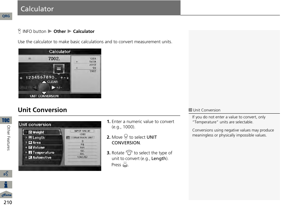 Calculator, Unit conversion | Acura 2014 RDX Navigation User Manual | Page 211 / 260