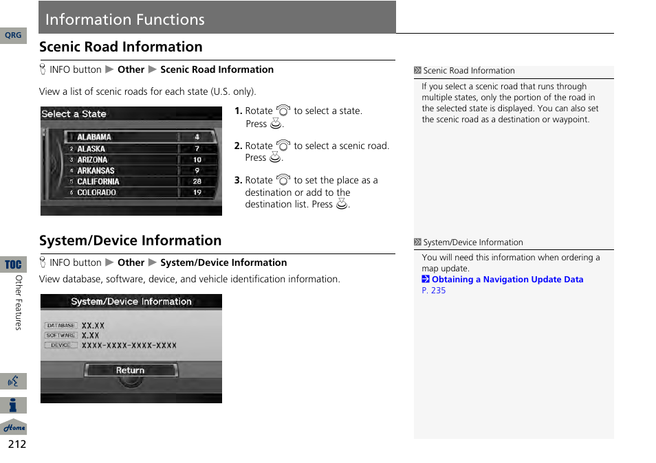 Information functions, Scenic road information, System/device information | Acura 2014 RDX Navigation User Manual | Page 213 / 260
