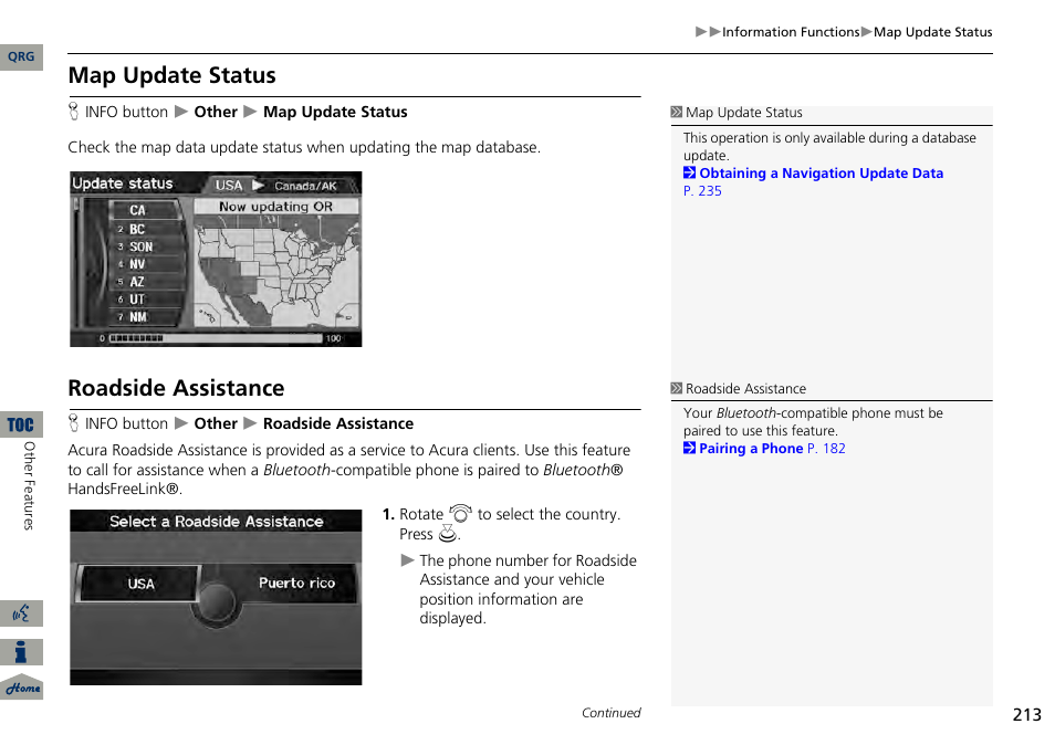 Map update status, Roadside assistance | Acura 2014 RDX Navigation User Manual | Page 214 / 260