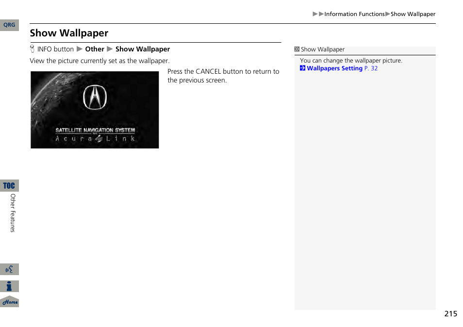 Show wallpaper | Acura 2014 RDX Navigation User Manual | Page 216 / 260
