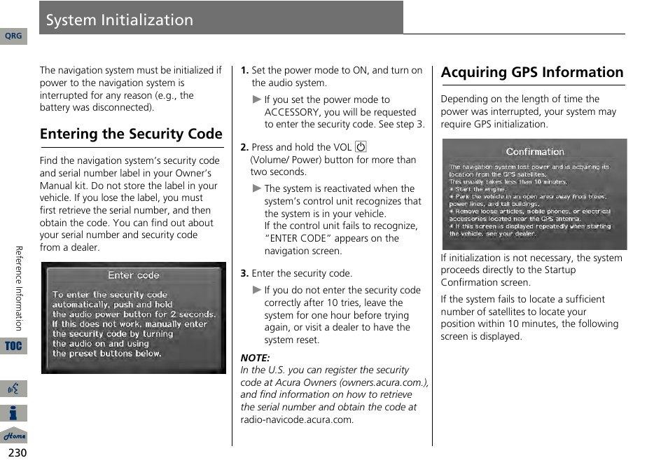 System initialization, P. 230, 2 system initialization p. 230 | Entering the security code, Acquiring gps information | Acura 2014 RDX Navigation User Manual | Page 231 / 260