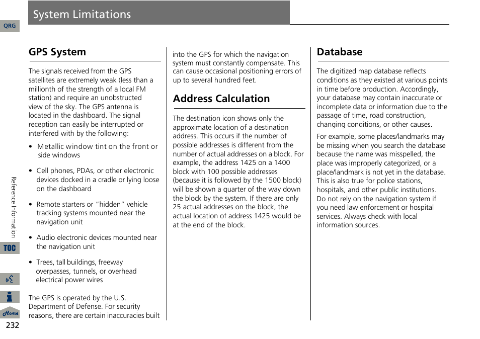 System limitations, 2 gps system, P. 232 | Gps system, Address calculation, Database | Acura 2014 RDX Navigation User Manual | Page 233 / 260