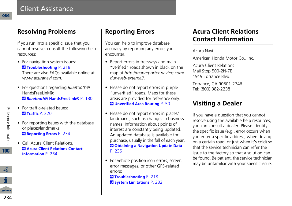Client assistance, 2 acura client relations contact information, P. 234 | 2 reporting errors, Resolving problems, Reporting errors, Acura client relations contact information, Visiting a dealer | Acura 2014 RDX Navigation User Manual | Page 235 / 260
