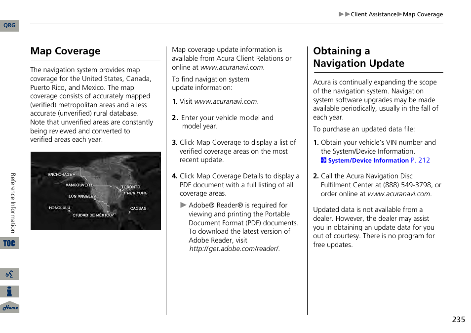 2 map coverage, P. 235, 2 obtaining a navigation update data | Map coverage, Obtaining a navigation update | Acura 2014 RDX Navigation User Manual | Page 236 / 260