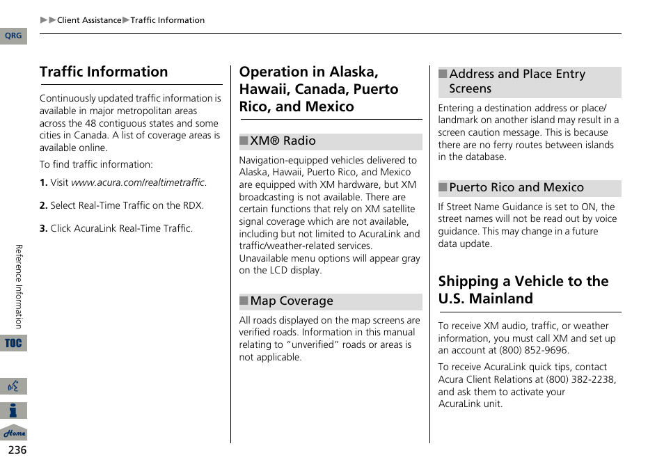 Traffic information, Shipping a vehicle to the u.s. mainland | Acura 2014 RDX Navigation User Manual | Page 237 / 260