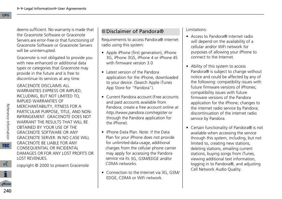 Disclaimer of pandora | Acura 2014 RDX Navigation User Manual | Page 241 / 260