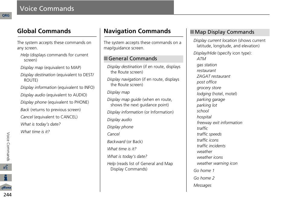 Voice commands, 2 voice commands, P. 244 | 2 global commands p. 244, 2 map display commands p. 244, Global commands, Navigation commands | Acura 2014 RDX Navigation User Manual | Page 245 / 260