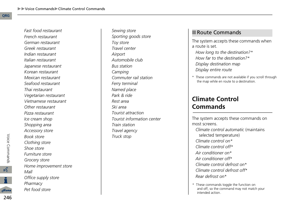 2 route commands p. 246, Climate control commands, Route commands | Acura 2014 RDX Navigation User Manual | Page 247 / 260