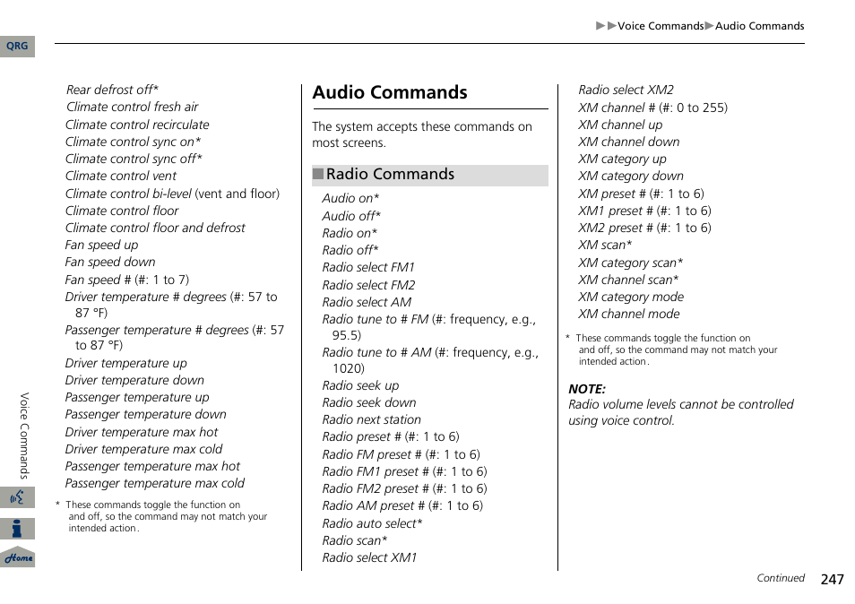 2 audio commands p. 247, 2 radio commands p. 247, Audio commands | Radio commands | Acura 2014 RDX Navigation User Manual | Page 248 / 260