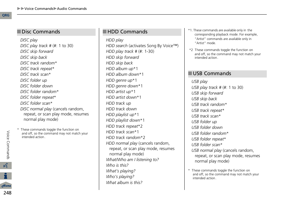 2 disc commands p. 248, 2 hdd commands p. 248, 2 usb commands p. 248 | Disc commands, Hdd commands, Usb commands | Acura 2014 RDX Navigation User Manual | Page 249 / 260