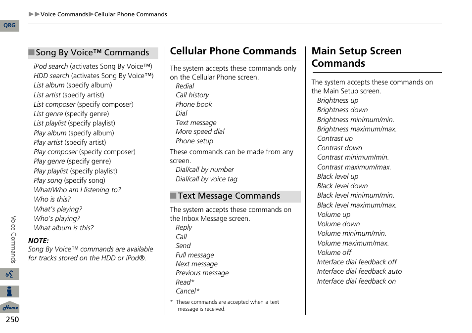 2 song by voice™ commands p. 250, 2 text message commands p. 250, Cellular phone commands | Main setup screen commands | Acura 2014 RDX Navigation User Manual | Page 251 / 260
