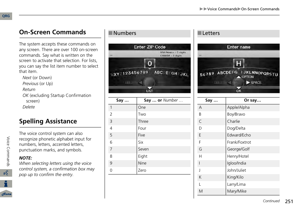 On-screen commands, Spelling assistance, Numbers | Letters | Acura 2014 RDX Navigation User Manual | Page 252 / 260