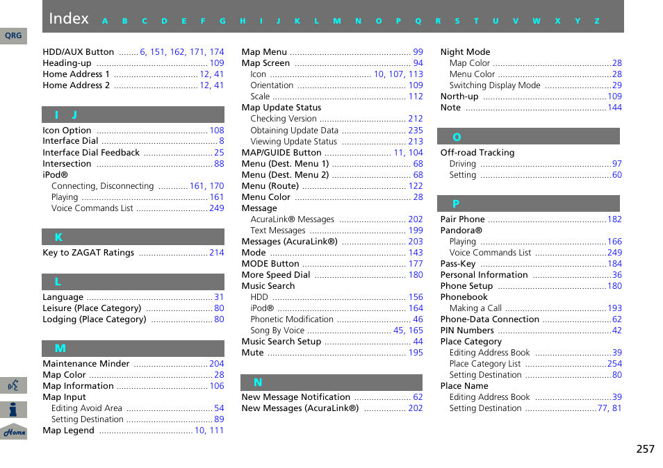 I j k l m n o p, Index | Acura 2014 RDX Navigation User Manual | Page 258 / 260