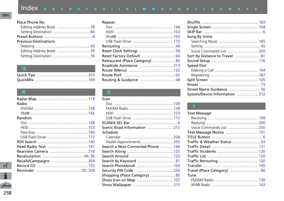 Q r s t, Index | Acura 2014 RDX Navigation User Manual | Page 259 / 260