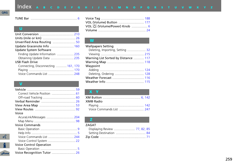 U v w x y z, Index | Acura 2014 RDX Navigation User Manual | Page 260 / 260