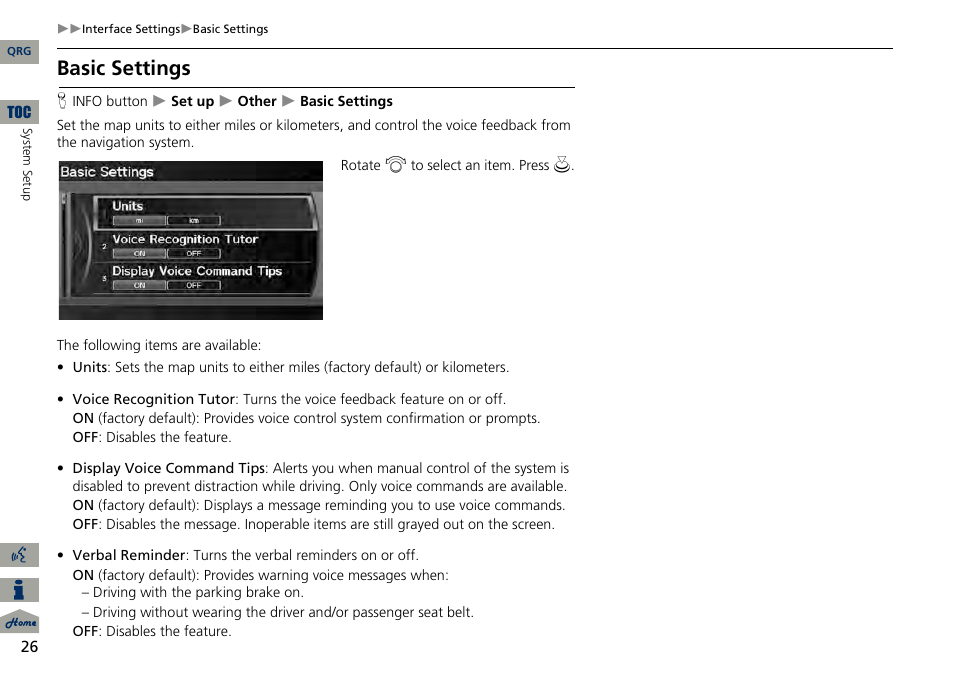 2 basic settings, P. 26, Basic settings | Acura 2014 RDX Navigation User Manual | Page 27 / 260