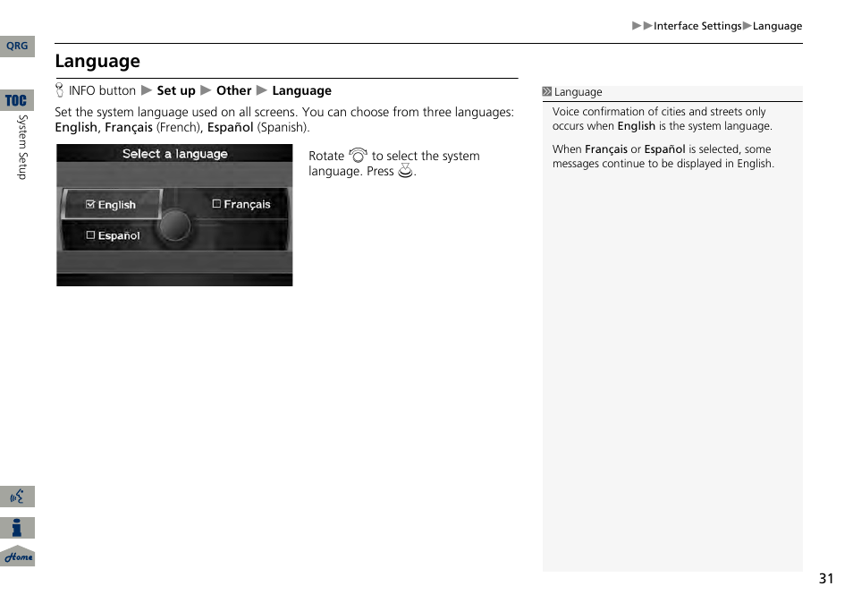 2 language p. 31, Language | Acura 2014 RDX Navigation User Manual | Page 32 / 260