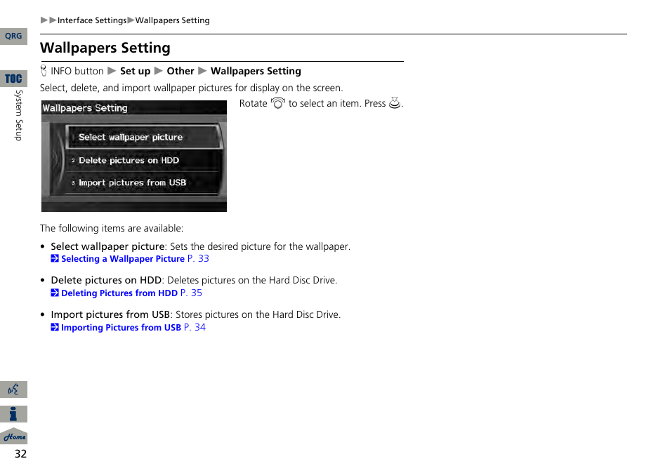 2 wallpapers setting p. 32, Wallpapers setting | Acura 2014 RDX Navigation User Manual | Page 33 / 260