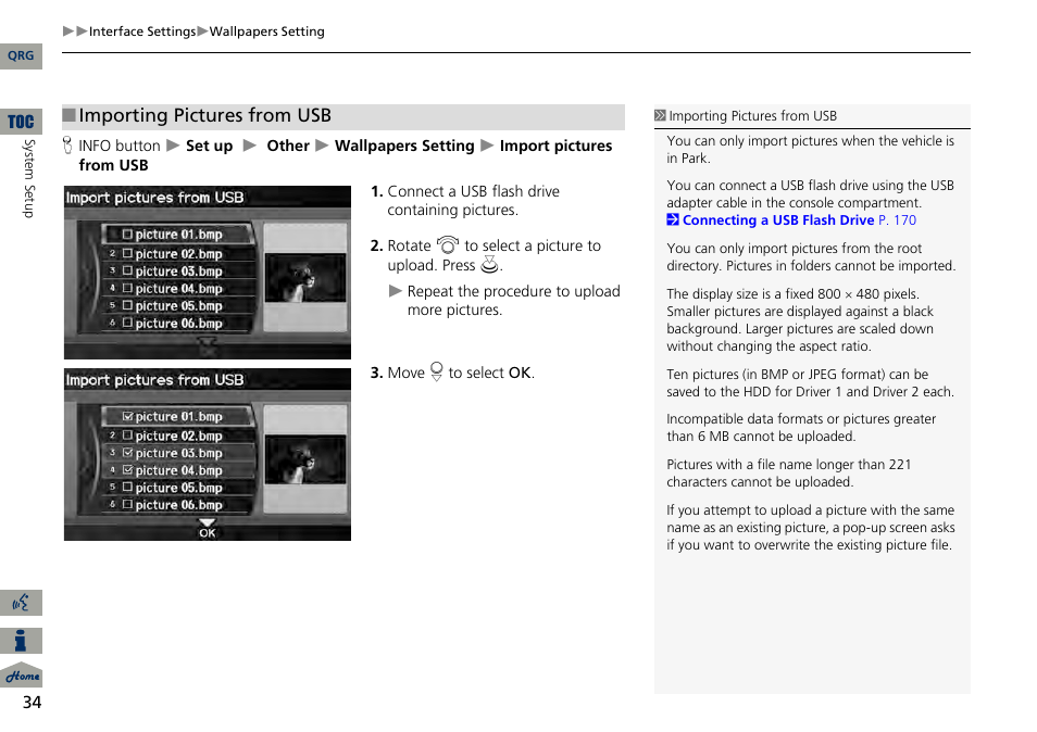 2 importing pictures from usb, P. 34, Importing pictures from usb | Acura 2014 RDX Navigation User Manual | Page 35 / 260