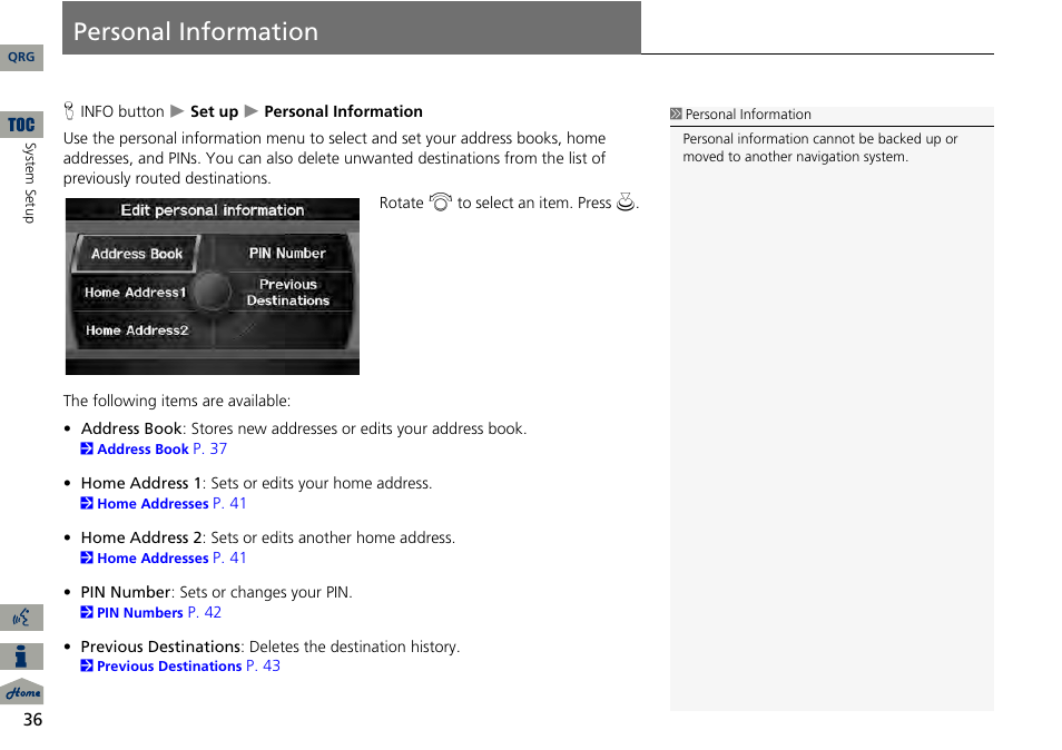Personal information | Acura 2014 RDX Navigation User Manual | Page 37 / 260