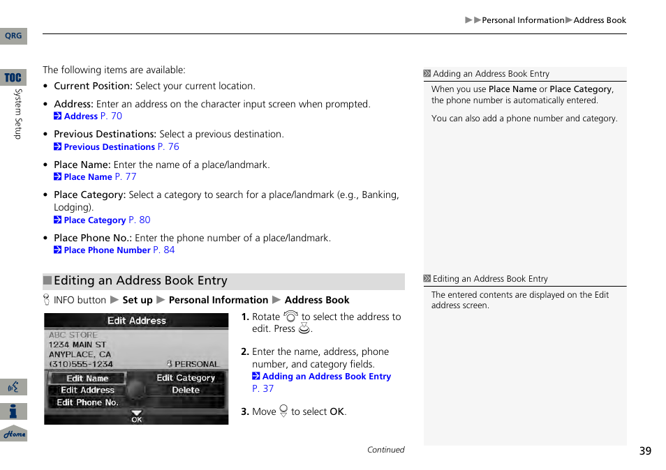 Editing an address book entry | Acura 2014 RDX Navigation User Manual | Page 40 / 260