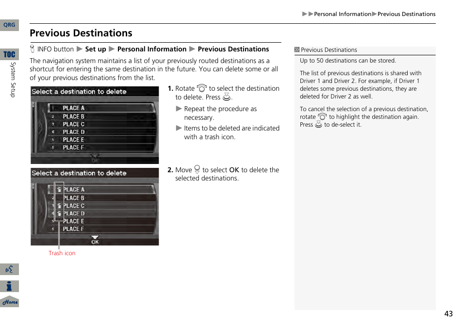 2 previous destinations, P. 43, Previous destinations | Acura 2014 RDX Navigation User Manual | Page 44 / 260
