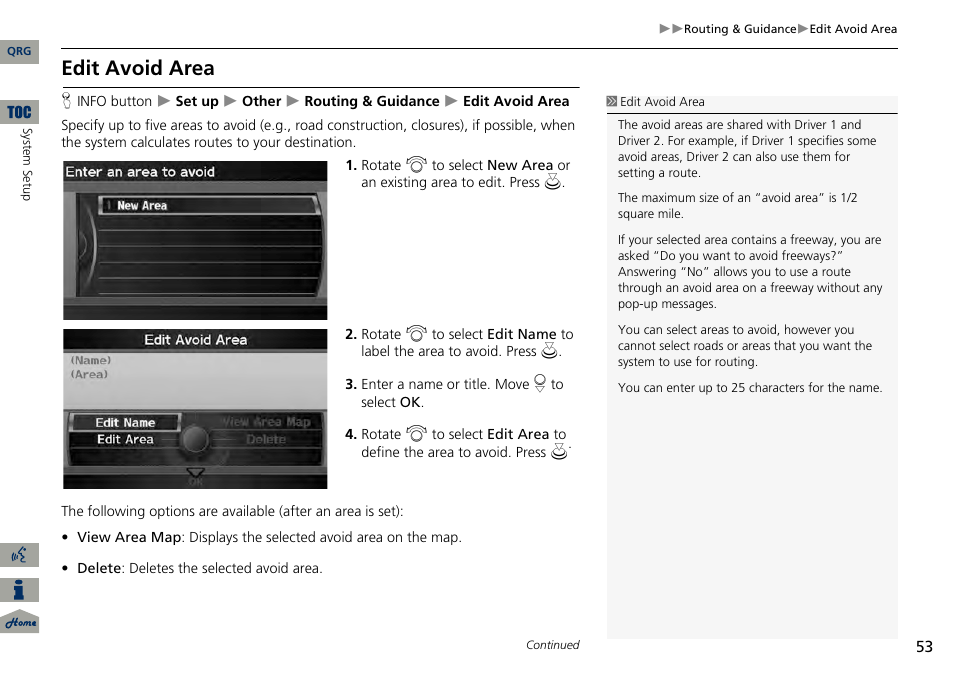 2 edit avoid area, P. 53, Edit avoid area | Acura 2014 RDX Navigation User Manual | Page 54 / 260