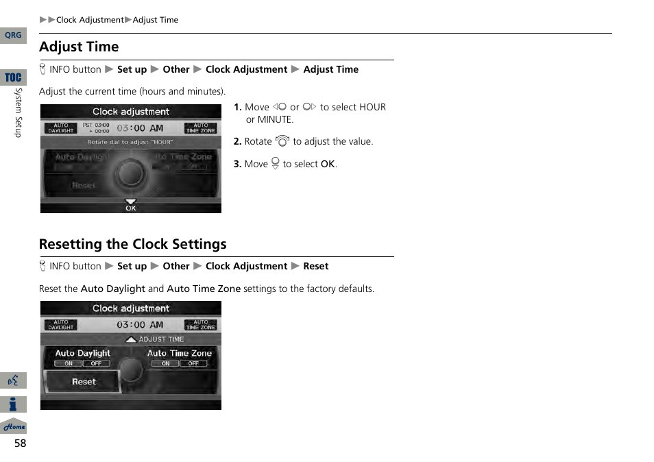 2 adjust time, P. 58, 2 resetting the clock settings | Adjust time, Resetting the clock settings | Acura 2014 RDX Navigation User Manual | Page 59 / 260