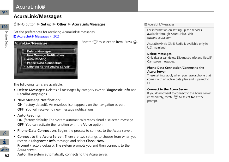 Acuralink, Acuralink/messages | Acura 2014 RDX Navigation User Manual | Page 63 / 260
