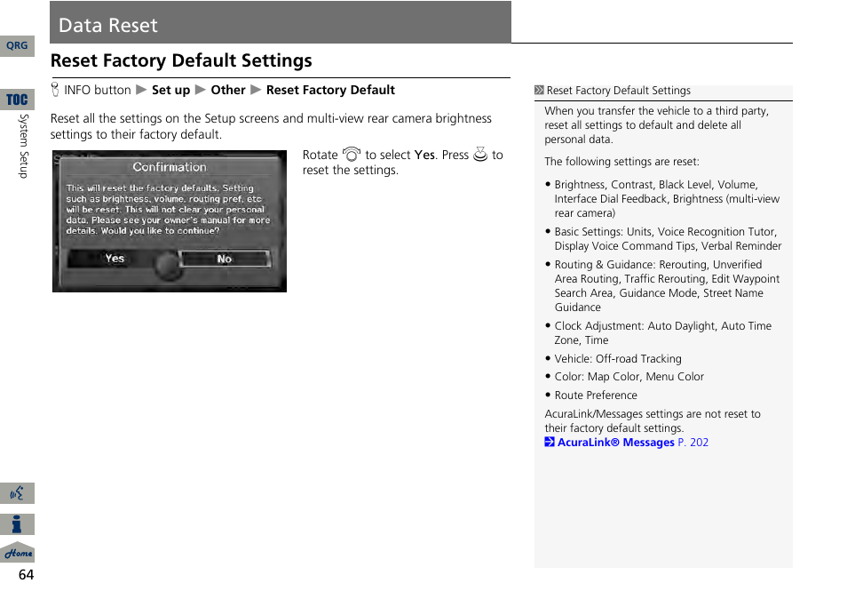 Data reset, Reset factory default settings | Acura 2014 RDX Navigation User Manual | Page 65 / 260