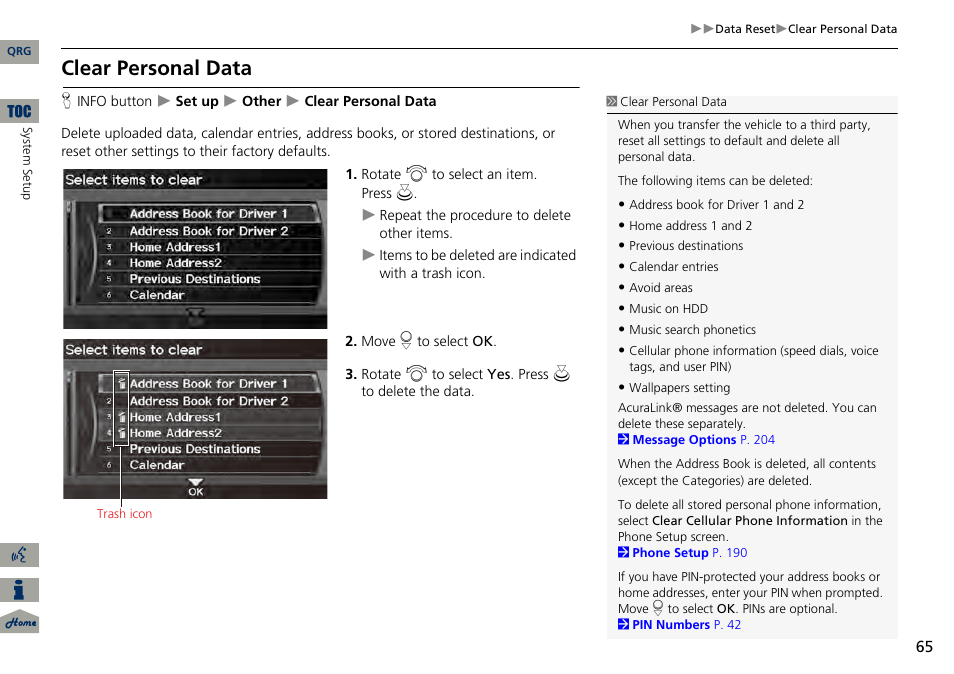 Clear personal data | Acura 2014 RDX Navigation User Manual | Page 66 / 260