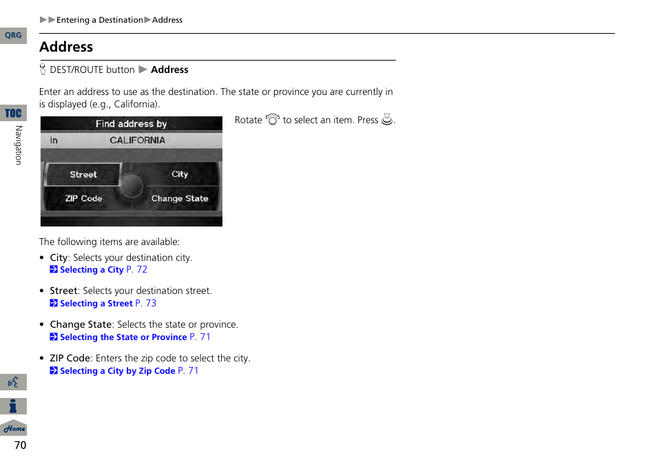 2 address, P. 70, Address | Acura 2014 RDX Navigation User Manual | Page 71 / 260