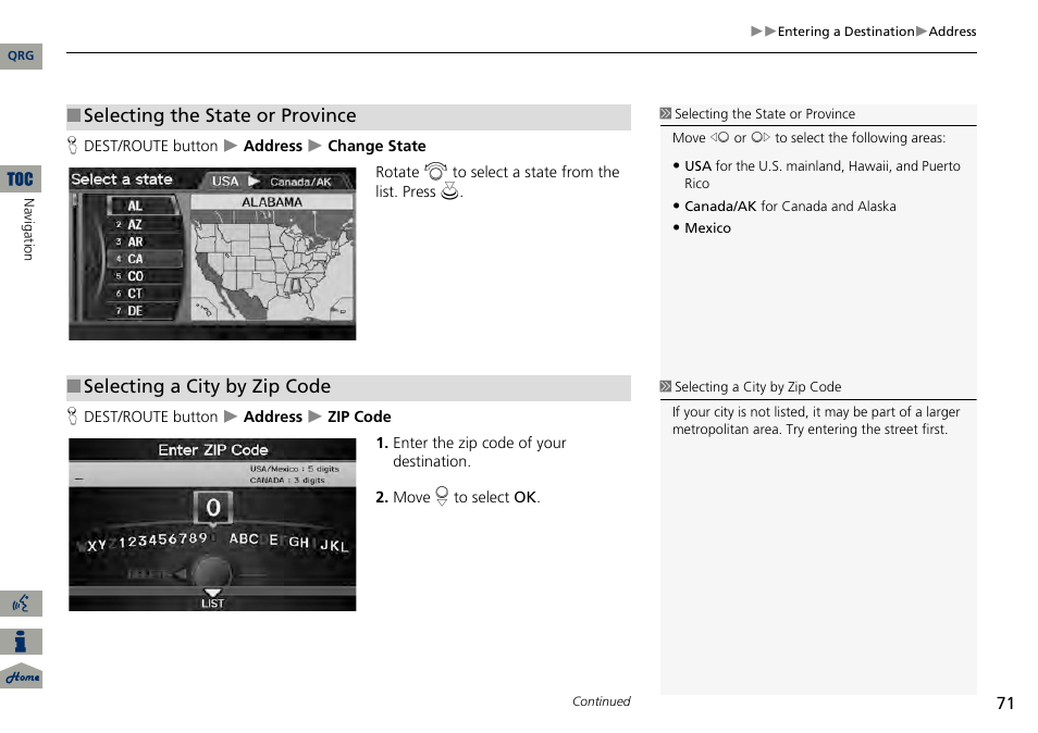 2 selecting the state or province, P. 71, 2 selecting a city by zip code | Selecting the state or province, Selecting a city by zip code | Acura 2014 RDX Navigation User Manual | Page 72 / 260