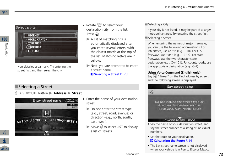 2 selecting a street, P. 73, Selecting a street | Acura 2014 RDX Navigation User Manual | Page 74 / 260