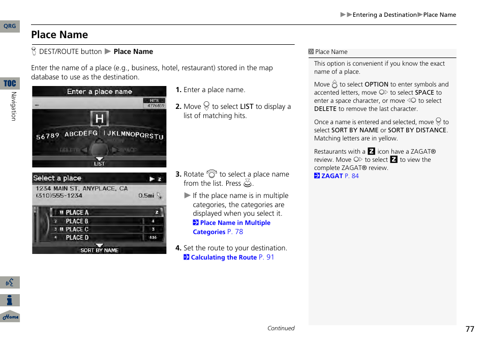 2 place name, P. 77, Place name | Acura 2014 RDX Navigation User Manual | Page 78 / 260
