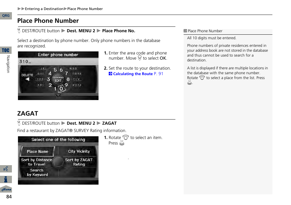 2 place phone number, P. 84, 2 zagat | 2 zagat p. 84, Place phone number, Zagat | Acura 2014 RDX Navigation User Manual | Page 85 / 260