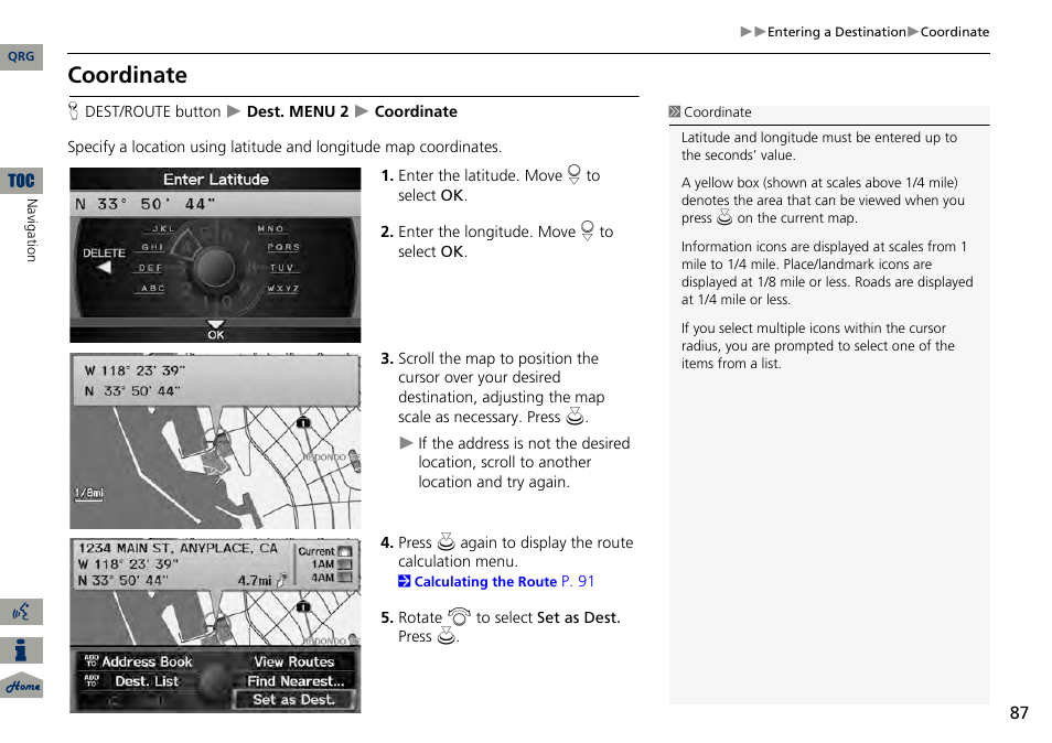 2 coordinate, P. 87, Coordinate | Acura 2014 RDX Navigation User Manual | Page 88 / 260