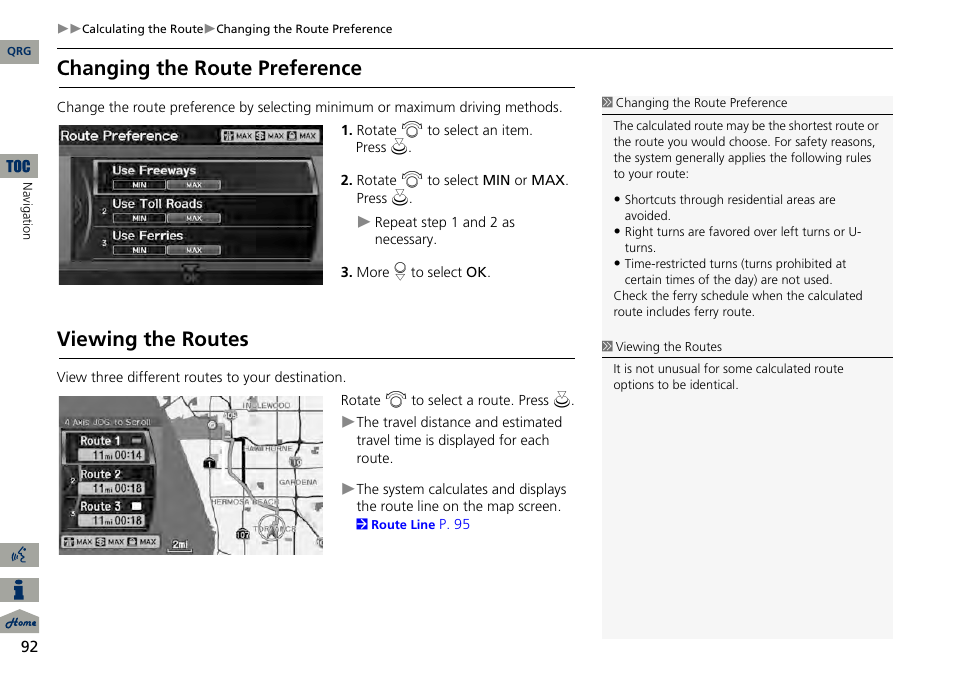 P92), 2 changing the route preference, P. 92 | 2 viewing the routes, Changing the route preference, Viewing the routes | Acura 2014 RDX Navigation User Manual | Page 93 / 260