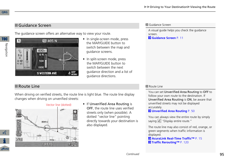 P95), 2 route line, P. 95 | Guidance screen, Route line | Acura 2014 RDX Navigation User Manual | Page 96 / 260