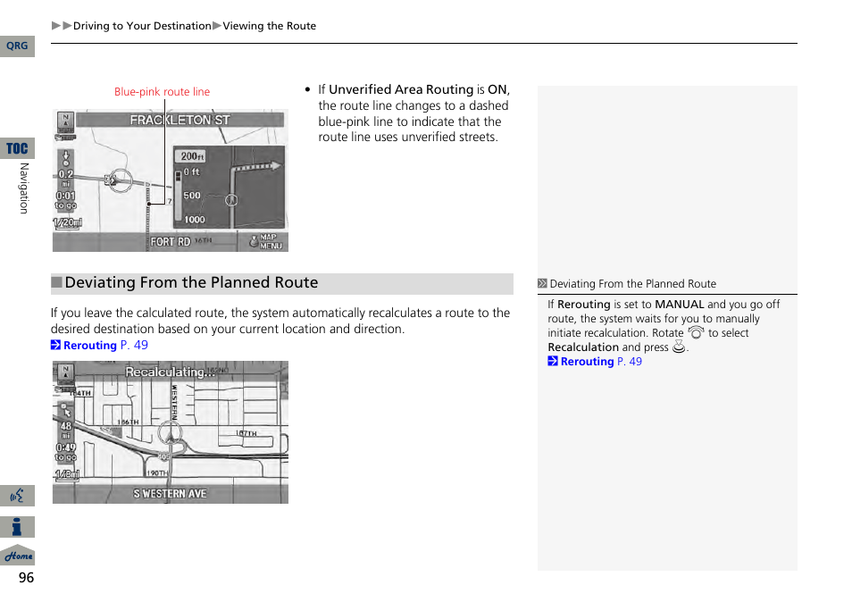 Deviating from the planned route | Acura 2014 RDX Navigation User Manual | Page 97 / 260