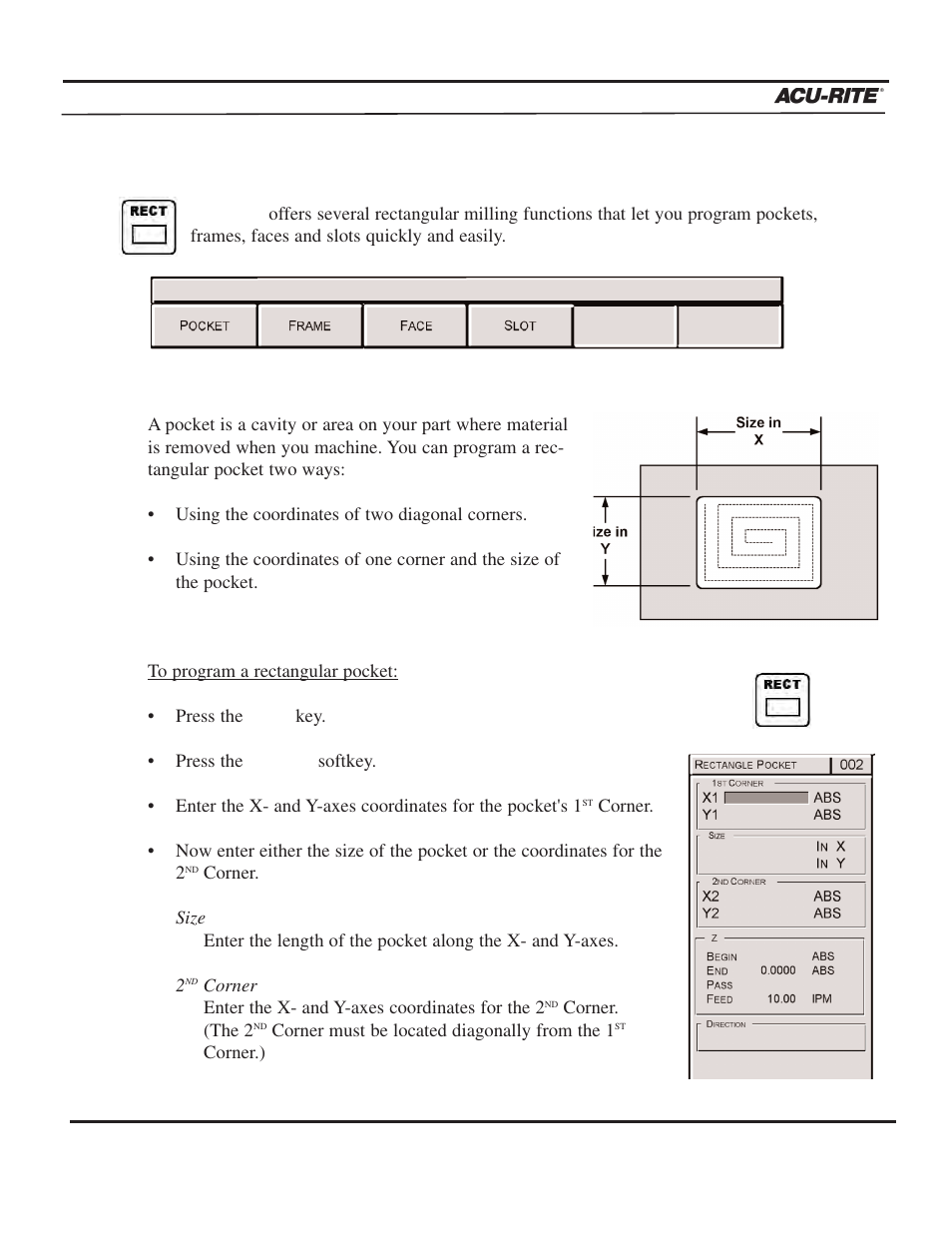 Program steps, Operation manual, Rectangular milling functions | ACU-RITE MILLPWR 3 Axes User Manual | Page 109 / 241