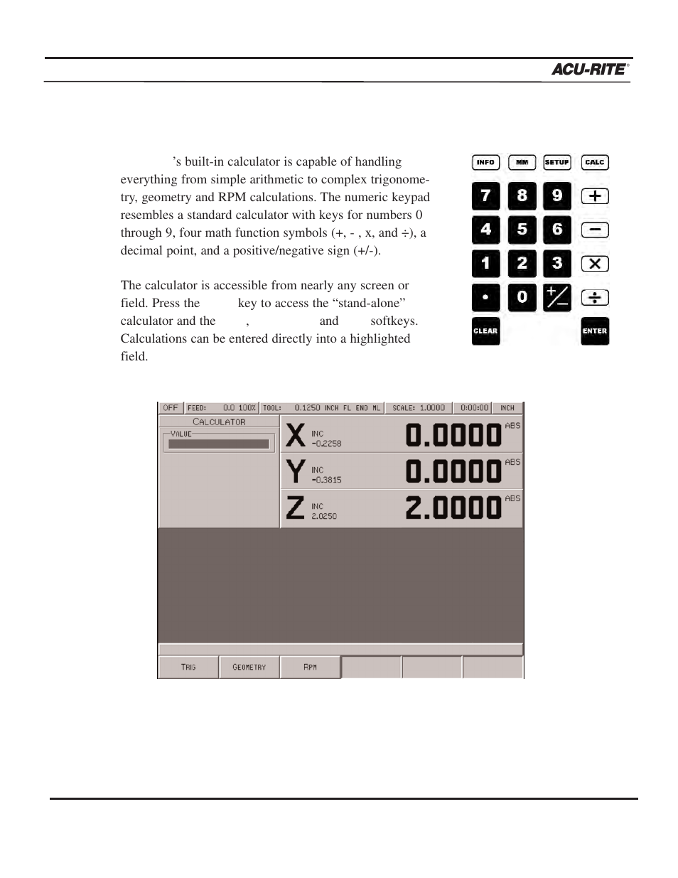 Calculator | ACU-RITE MILLPWR 3 Axes User Manual | Page 163 / 241