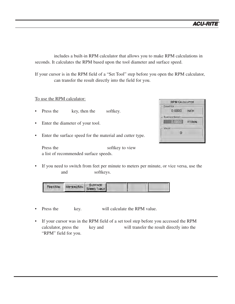 Calculator, Operation manual, Rpm functions | ACU-RITE MILLPWR 3 Axes User Manual | Page 180 / 241