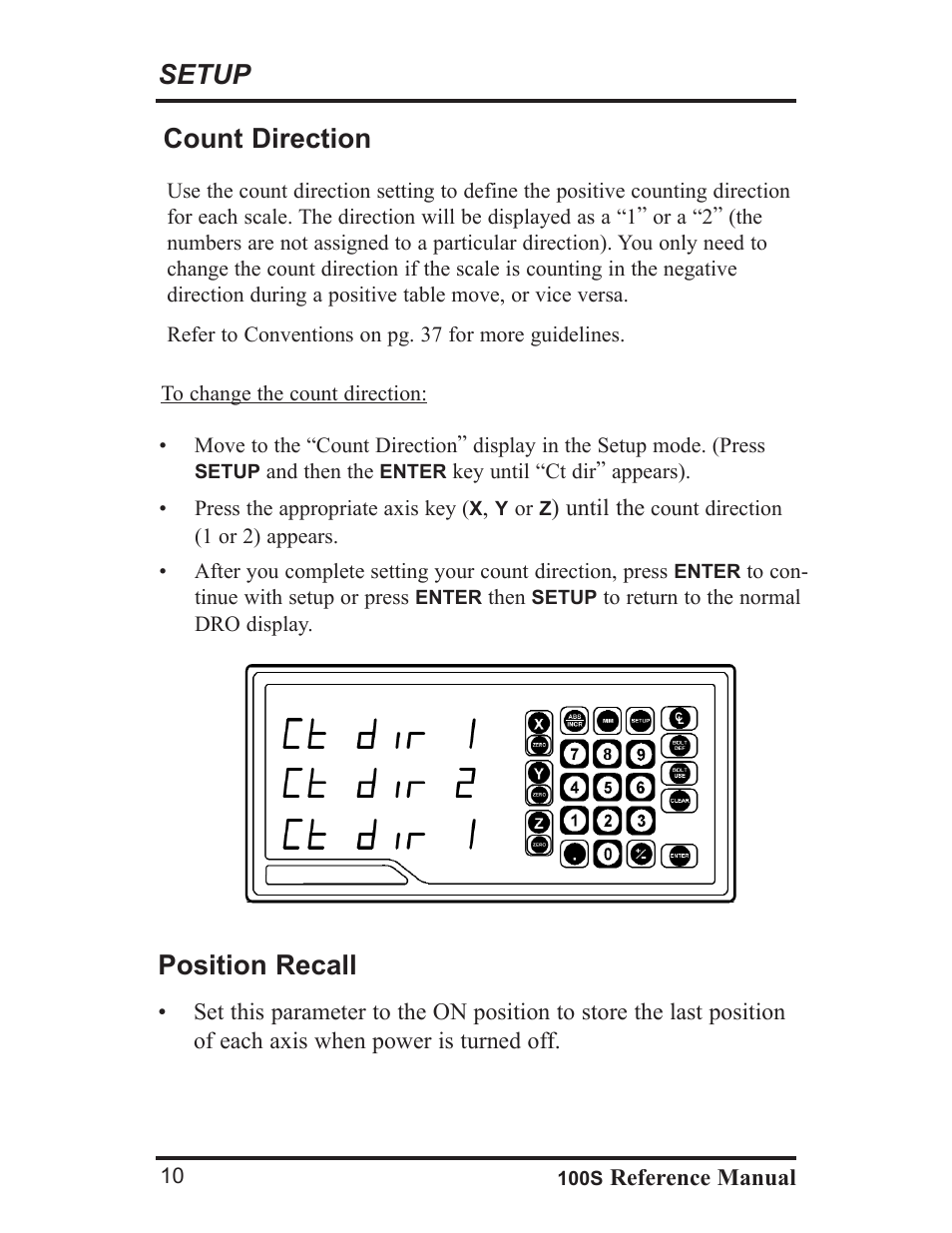 Setup, Count direction, Position recall | ACU-RITE 100S User Manual | Page 13 / 42