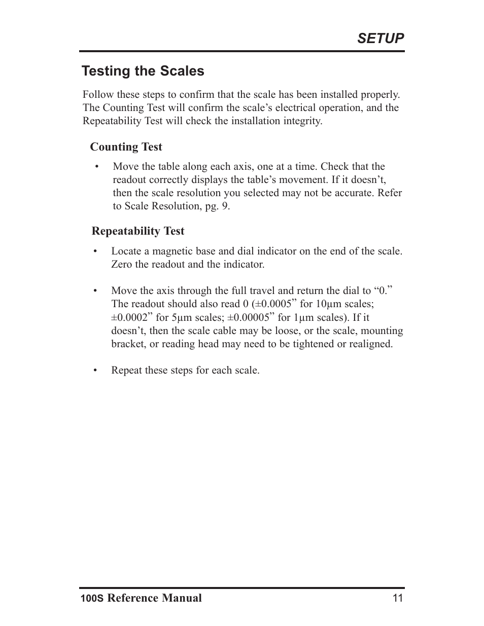 Setup testing the scales | ACU-RITE 100S User Manual | Page 14 / 42