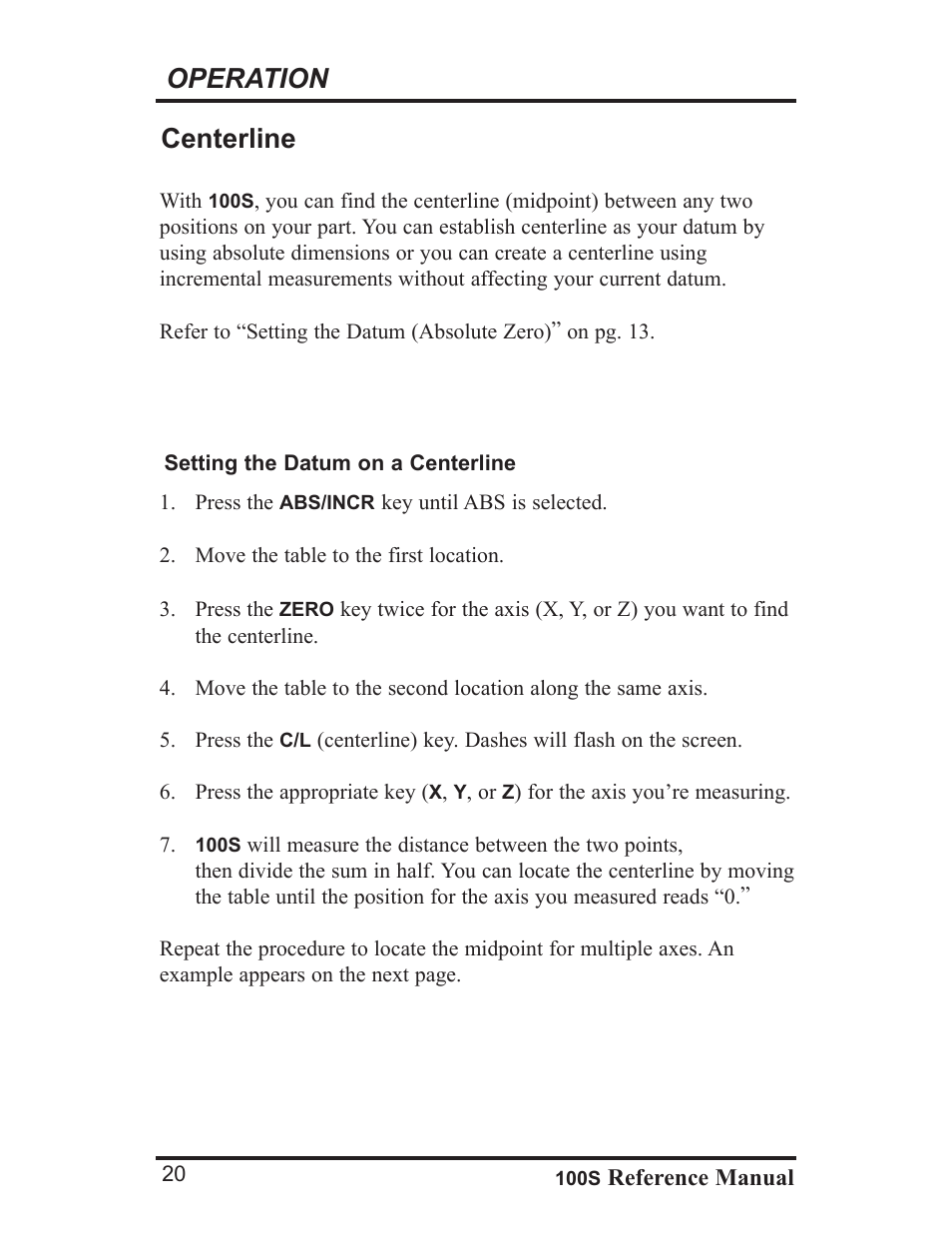 Operation, Centerline | ACU-RITE 100S User Manual | Page 23 / 42