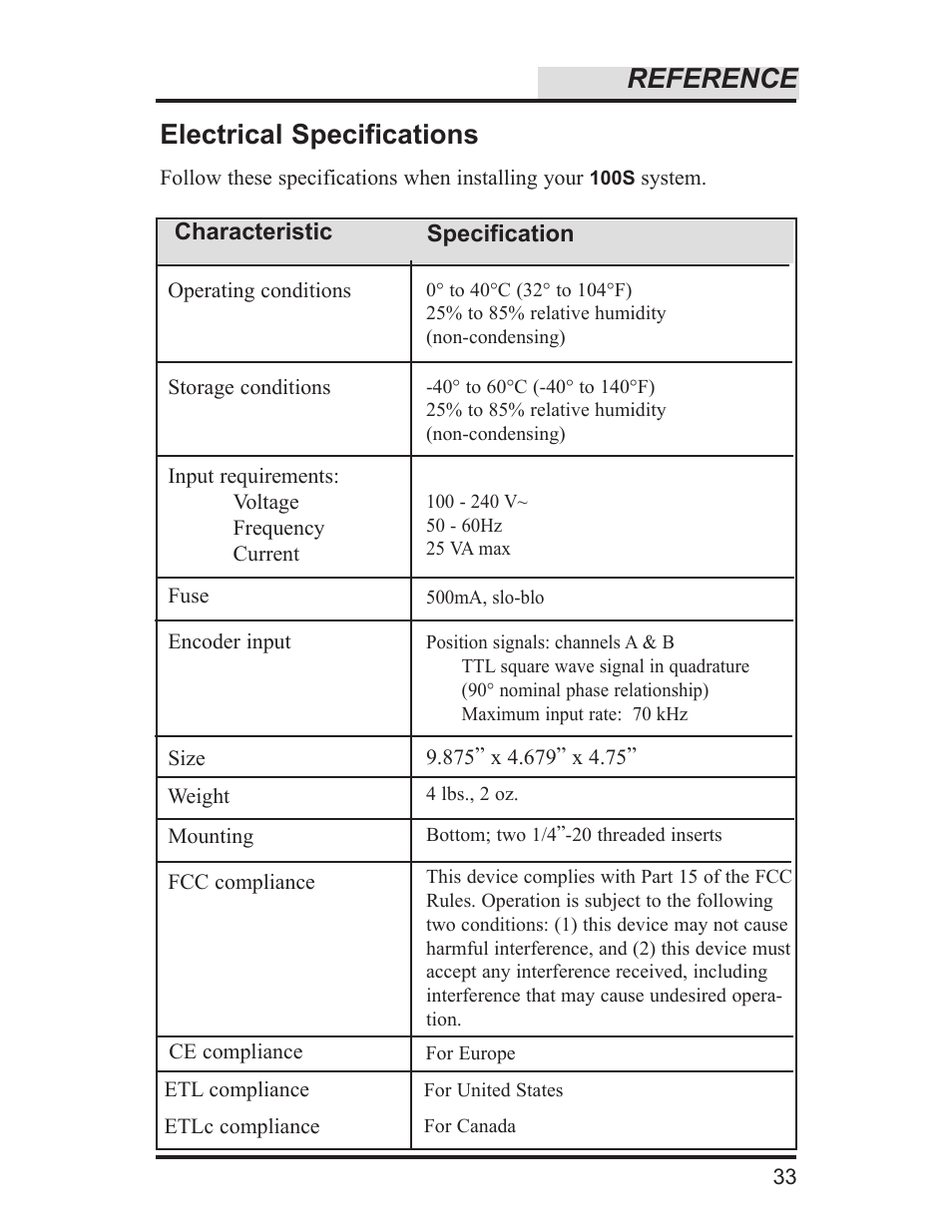 Reference, Electrical specifications | ACU-RITE 100S User Manual | Page 36 / 42