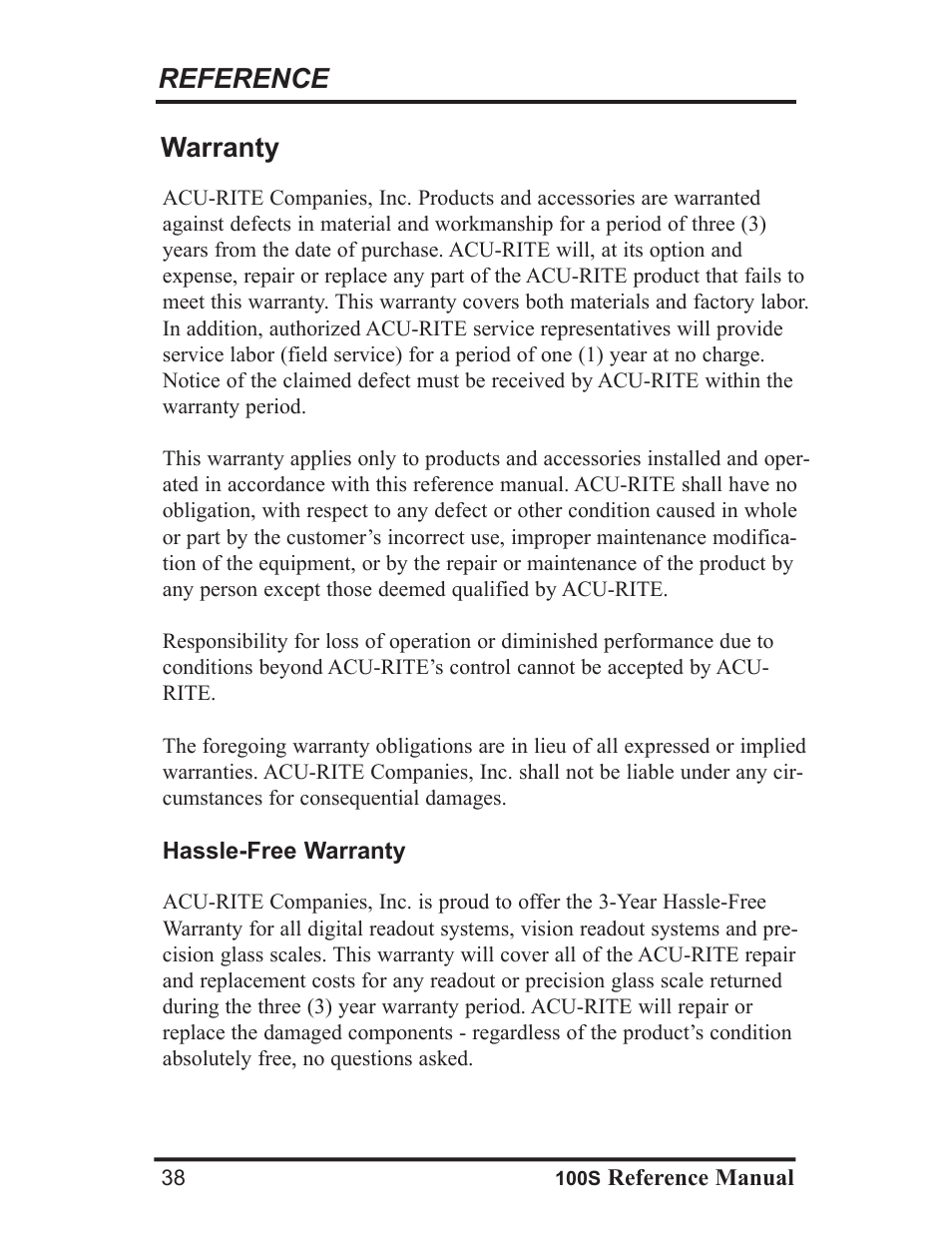 Reference warranty | ACU-RITE 100S User Manual | Page 41 / 42